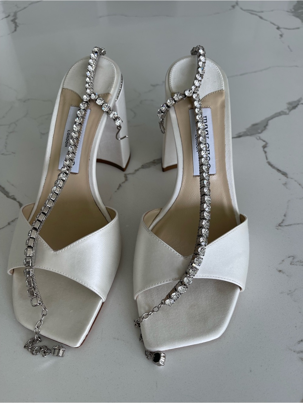 Jimmy Choo White Satin Block-Heel Sandals with Crystal T-Strap